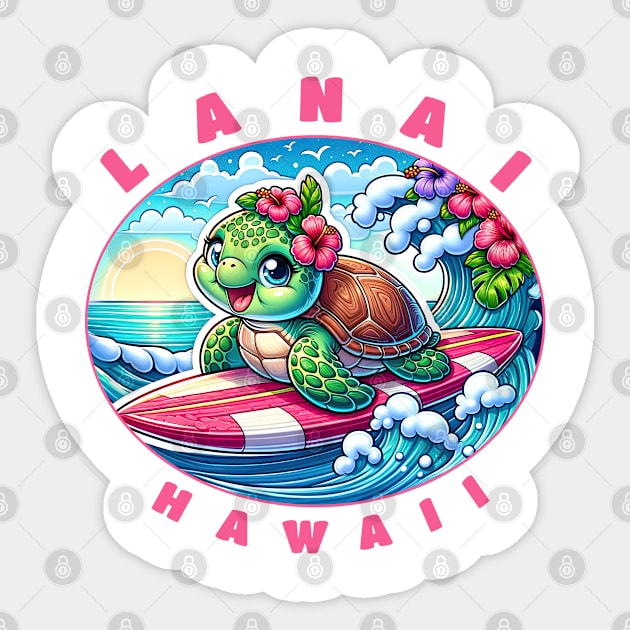 Lanai Hawaii Girls Cute Surfing Sea Turtle Sticker by grendelfly73